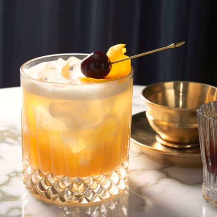 Amaretto Sour cocktail with egg white froth and orange twist
