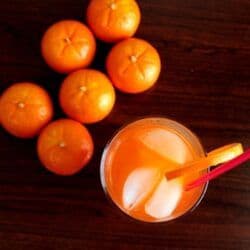 Overhead view of Angel Highball drink surrounded by oranges