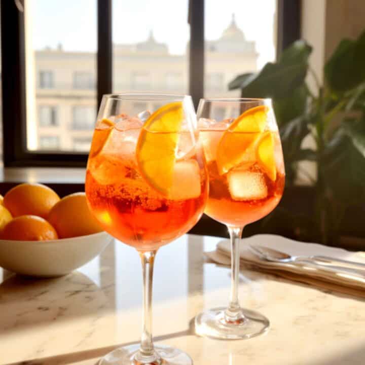 Two Aperol Spritz cocktails on a table