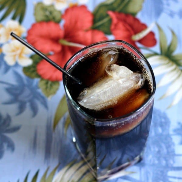 Overhead view of Bacardi Root Beer Float drink in tall glass with ice
