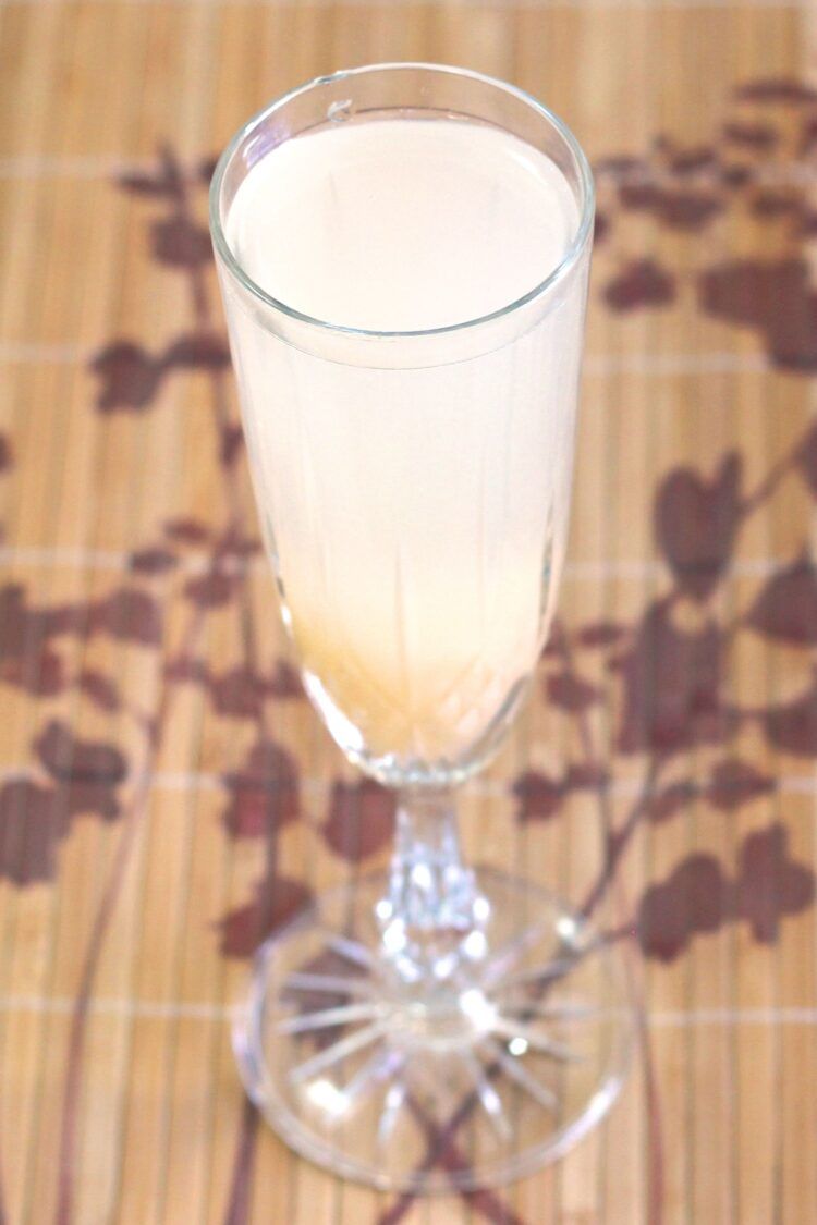 Overhead view of Bella Bellini cocktail in champagne flute