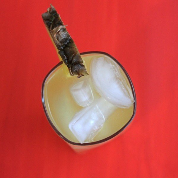 Overhead view of Big Bird cocktail with pineapple