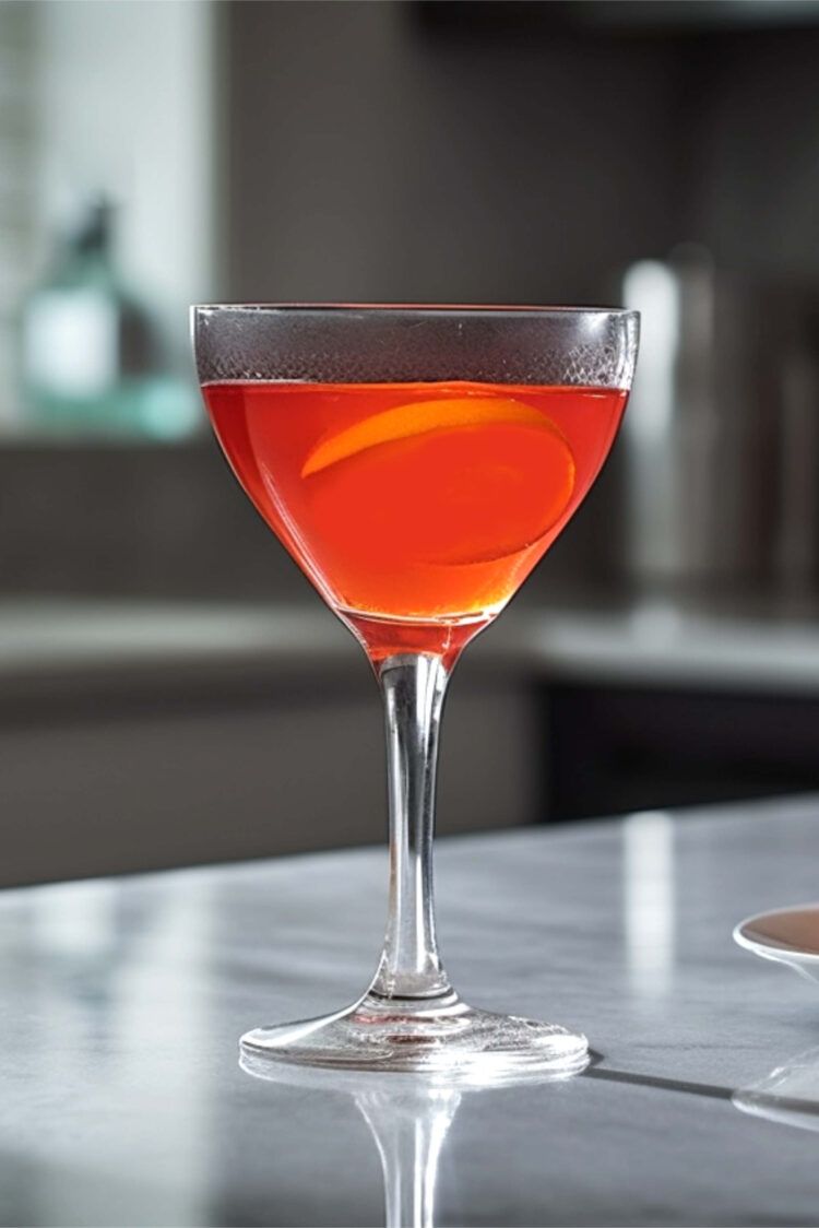 Blood and Sand cocktail in martini glass with orange twist