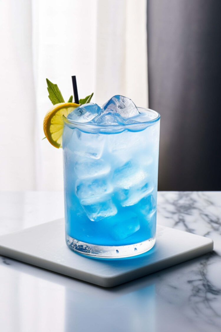 Blue Cowboy drink with mint and orange garnish