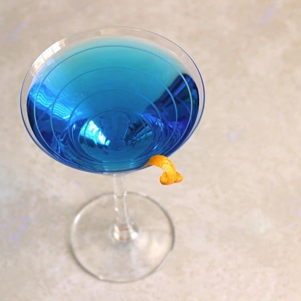 Overhead view of Blue Monday drink with orange twist