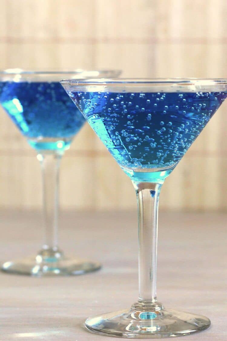 Closeup of two Blue Shoe mocktails sitting on table