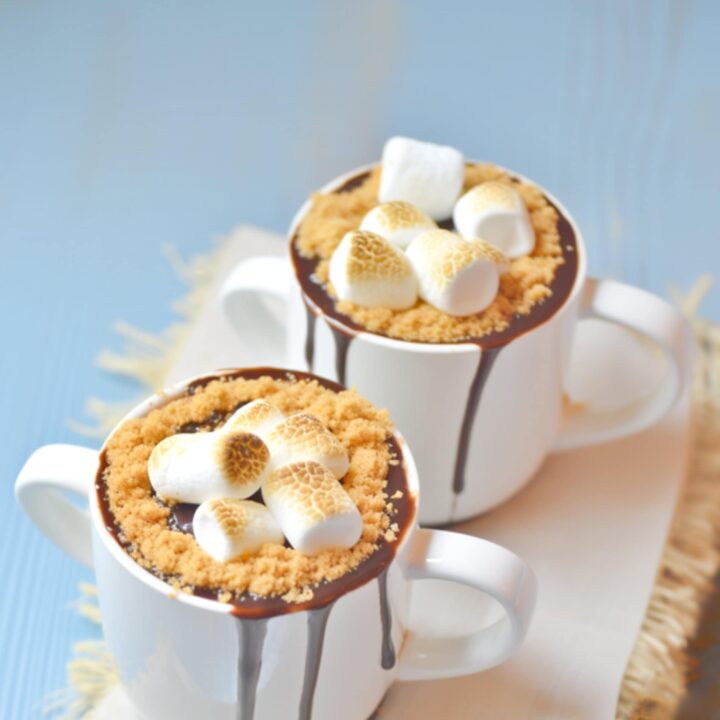 Boozy S’mores Hot Cocoa drink with marshmallows and graham cracker
