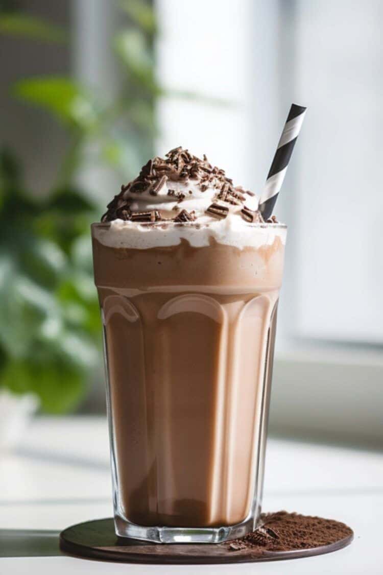 Bushwacker cocktail in tumbler with whipped cream and chocolate shavings and a straw