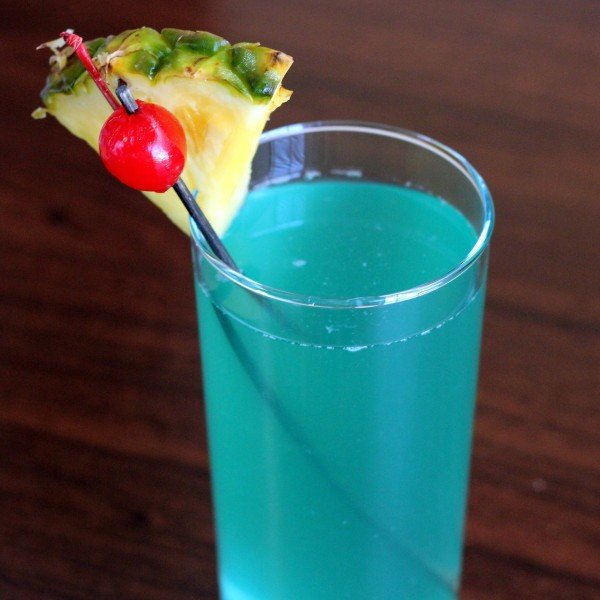 Closeup view of Caribbean Mist drink with pineapple and cherry