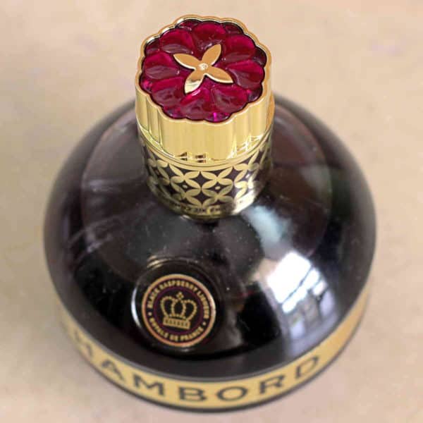 Overhead view of bottle of Chambord with decorative lid