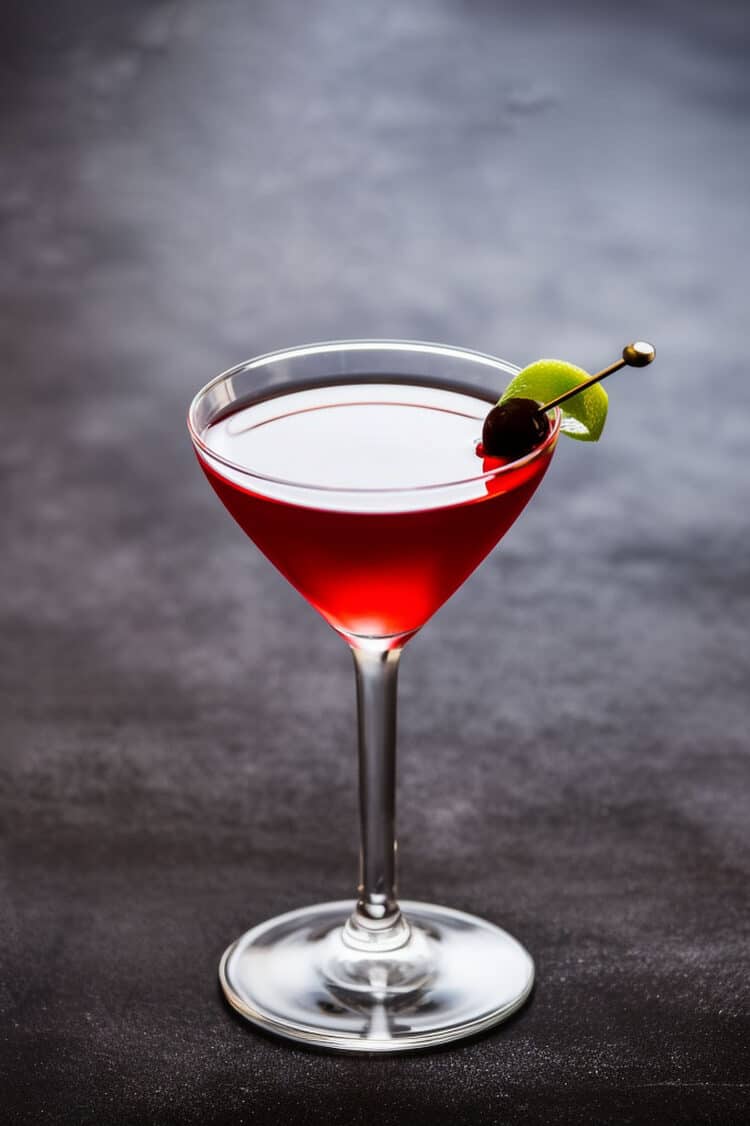 Charlie Chaplin cocktail with cherry and lime peel garnish