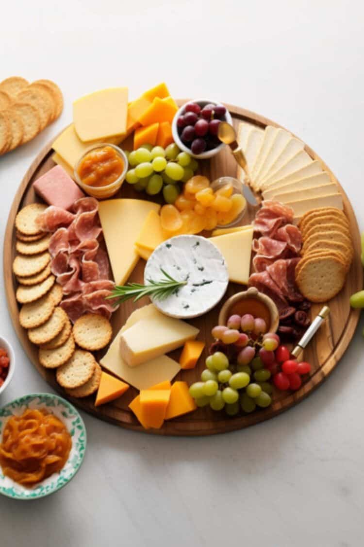 Meat and cheese board for happy hour on table