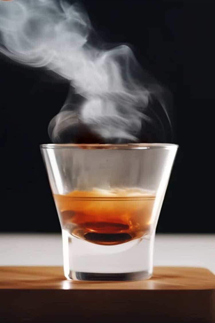 Cocktail on table with smoke over the top of it