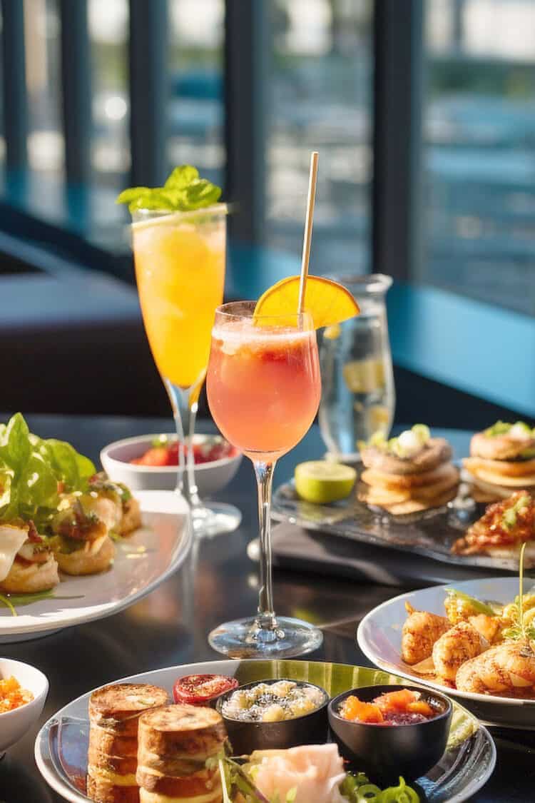 Cocktails and an assortment of snack foods on a table