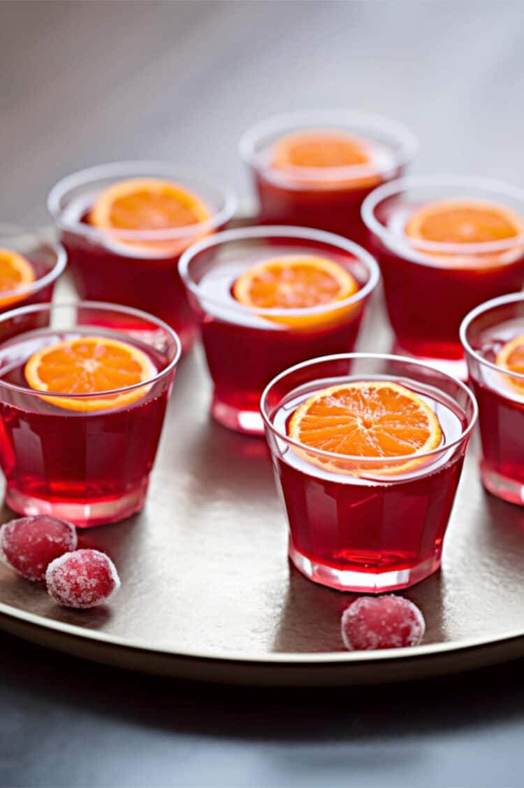 Cranberry Apple Orange Jello Shots with tangerine slice on top