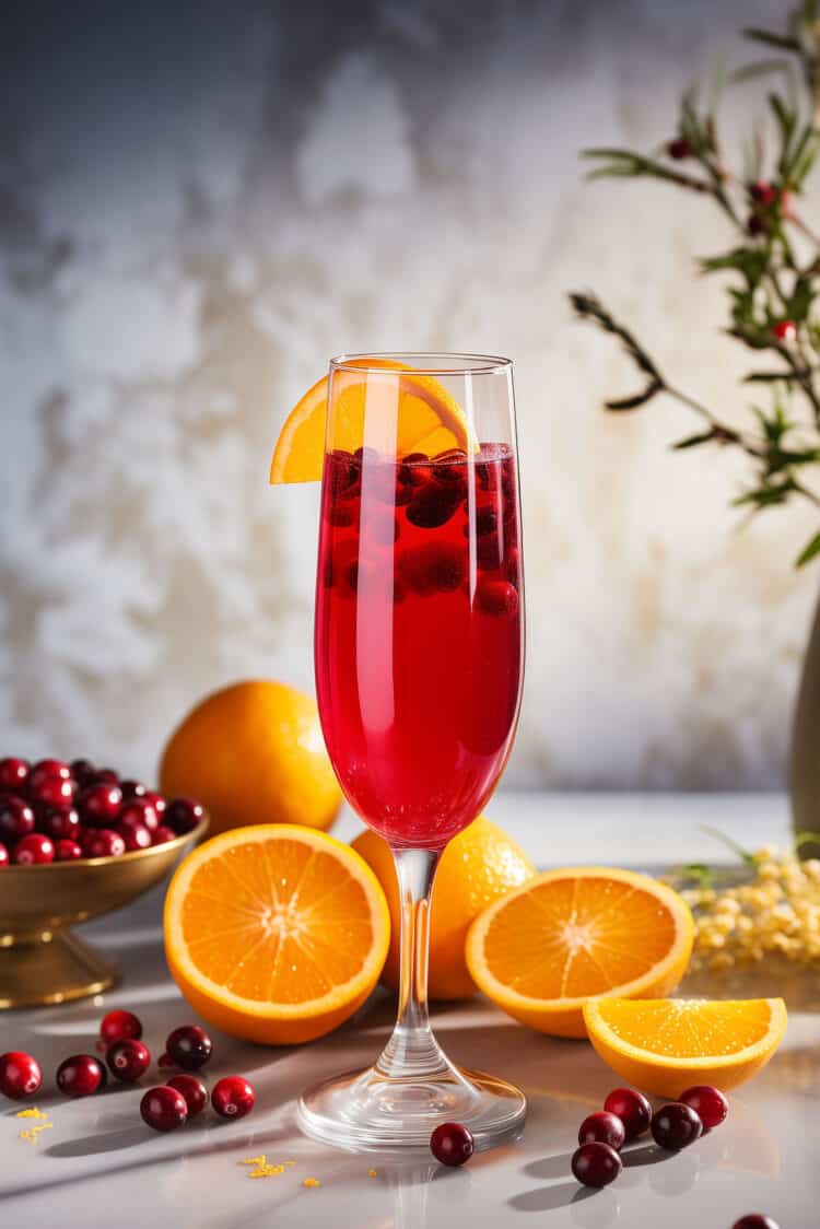 Cranberry Kiss drink in champagne flute with orange slice garnish