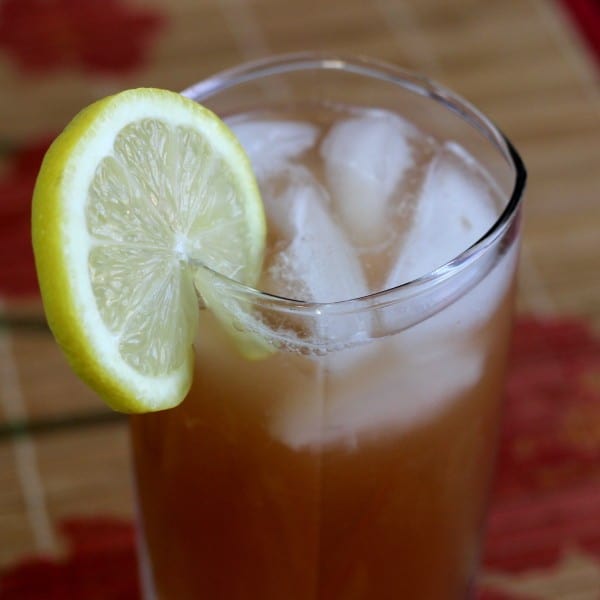 Closeup view of Devil's Delight drink with lemon slice