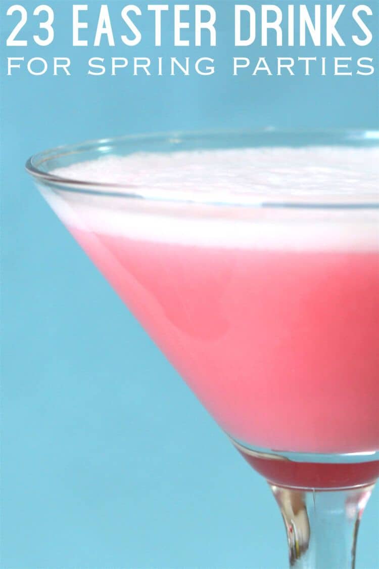 Closeup of Pink Easter cocktail against blue backdrop