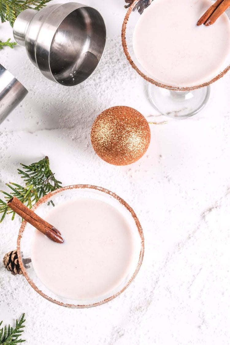 Overhead view of two Eggnog Martinis