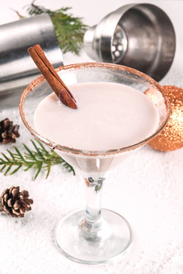 Closeup view of Eggnog Martini with cinnamon stick