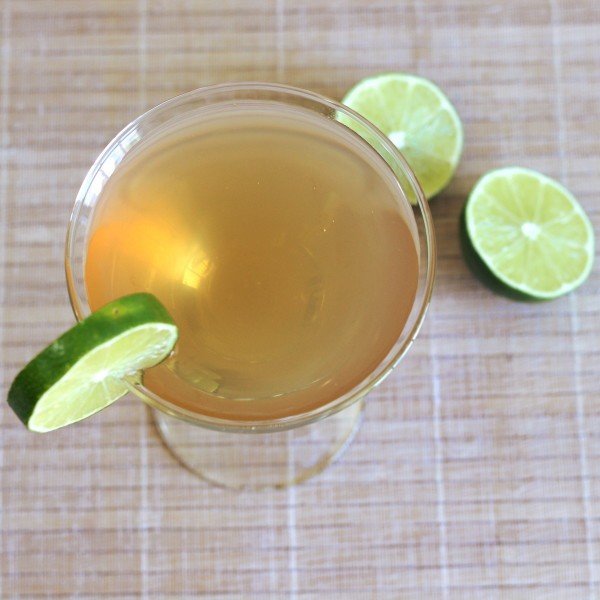 Overhead view of Embassy Cocktail with lime wheel