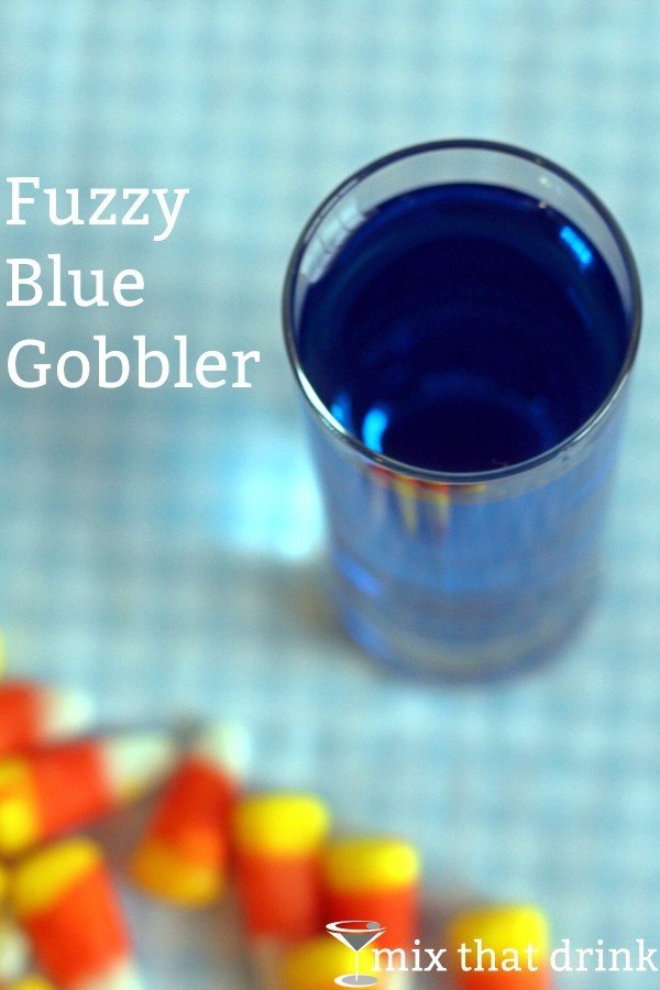 Overhead view of Fuzzy Blue Gobbler on table with candy corn