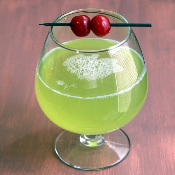 Angled view of Geisha Delight drink with cherries
