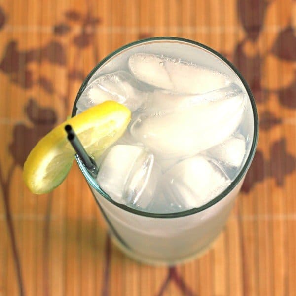 Overhead view of Gin & Bitter Lemon drink in tall glass with ice