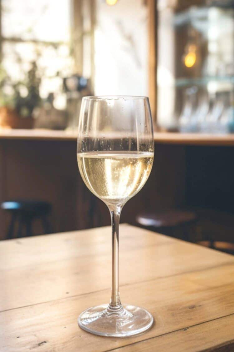 Glass of prosecco on wooden table