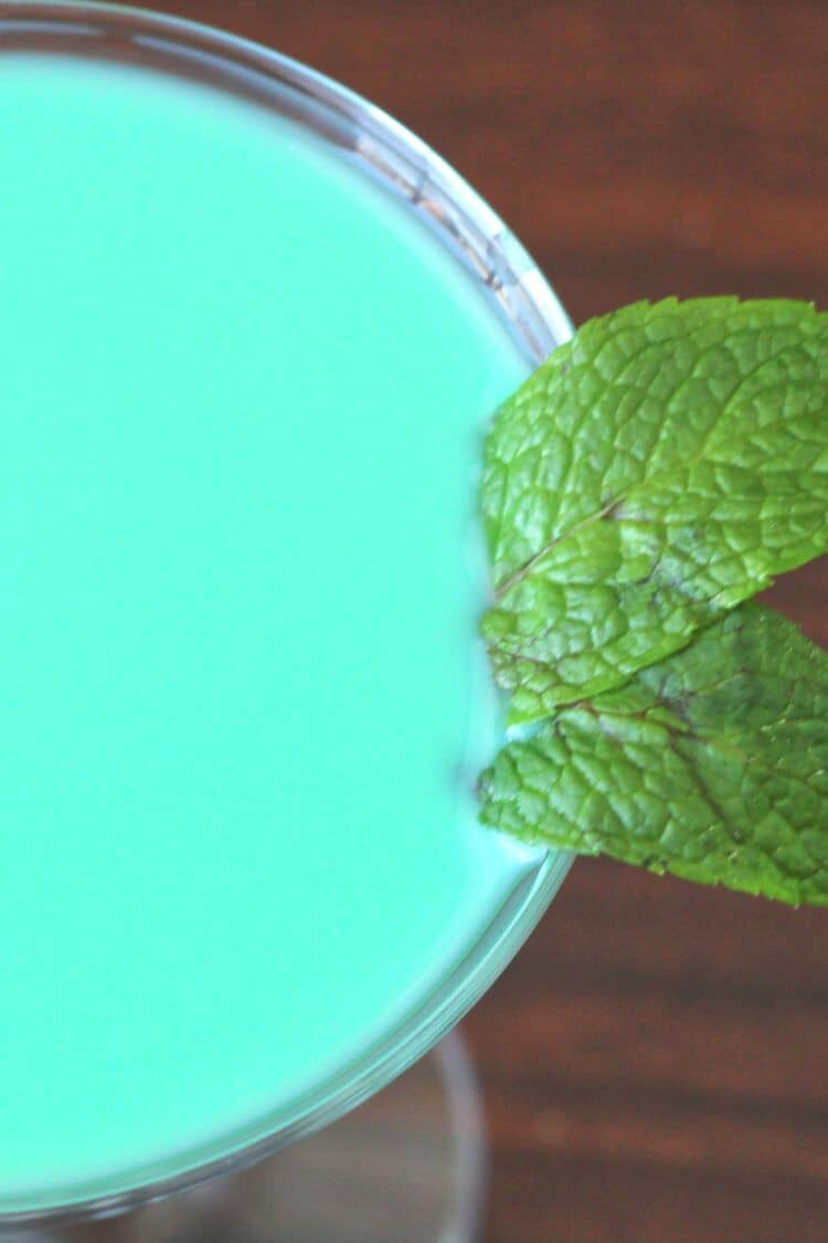 Closeup of mint leaves on rim of drink