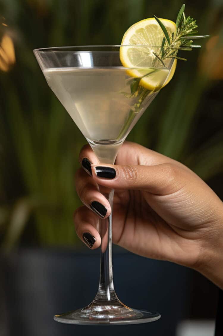 Hand holding cocktail glass with fingertips on stem