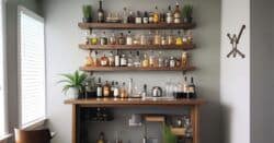 Home bar with counter and shelves of bottles