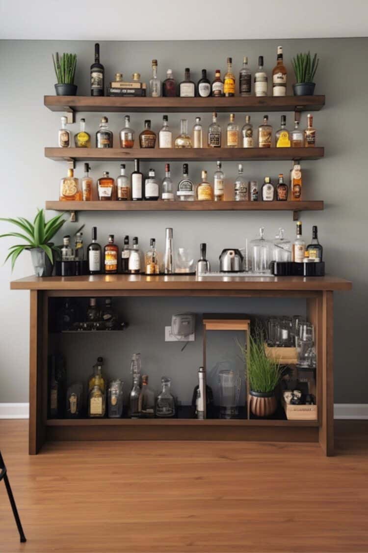 Home bar with counter and shelves of bottles