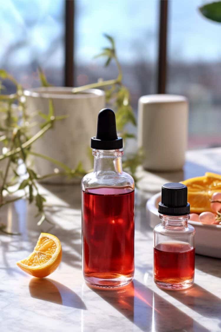 Bottles of cocktail bitters on table with fruit and herbs