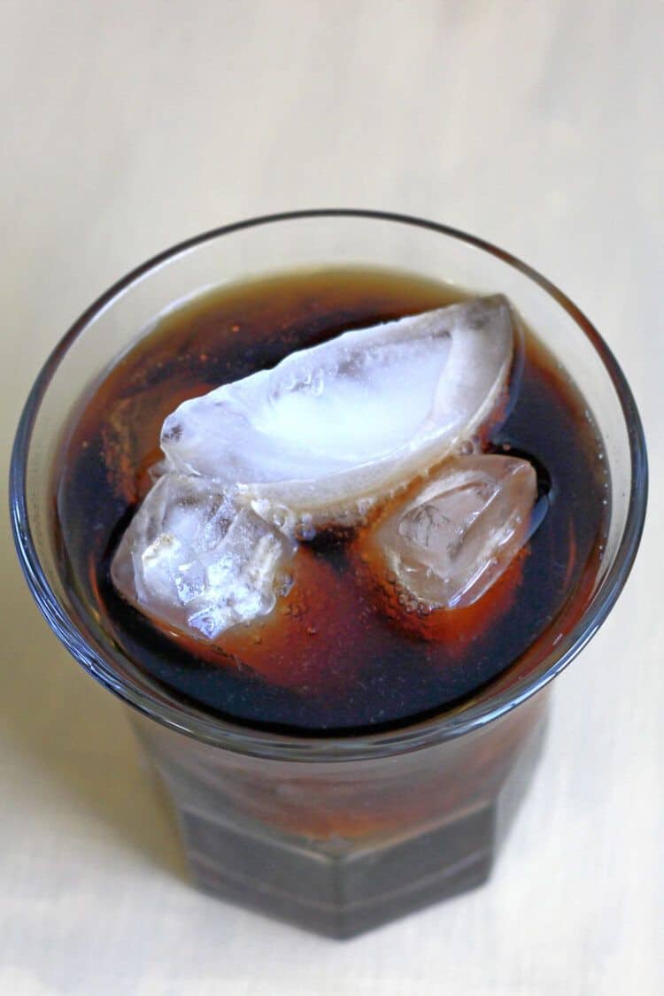 Overhead angle on Jack and Coke drink over ice