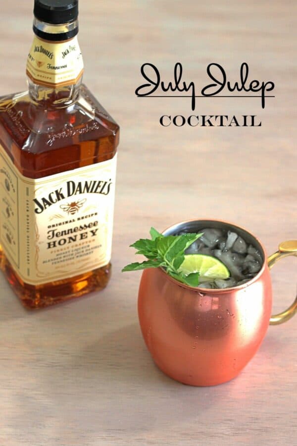 July Julep drink next to bottle of Jack Daniel's Honey