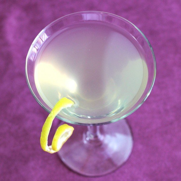 Overhead view of KGB Cocktail with lemon twist