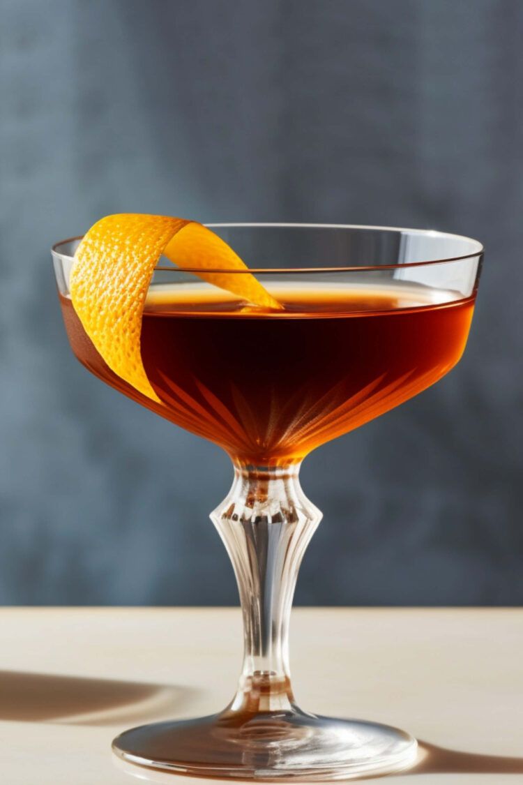 Martinez cocktail in coupe glass with orange twist