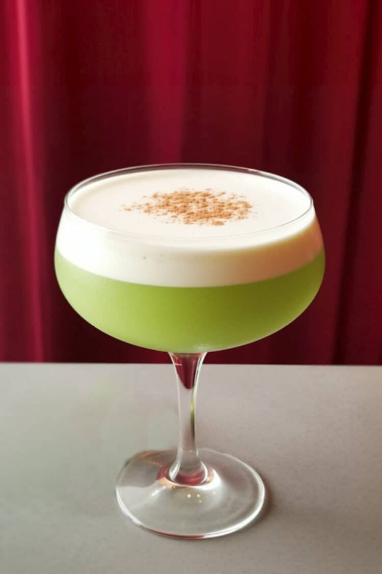 Green Matcha Pisco drink in coupe glass with white foam on top