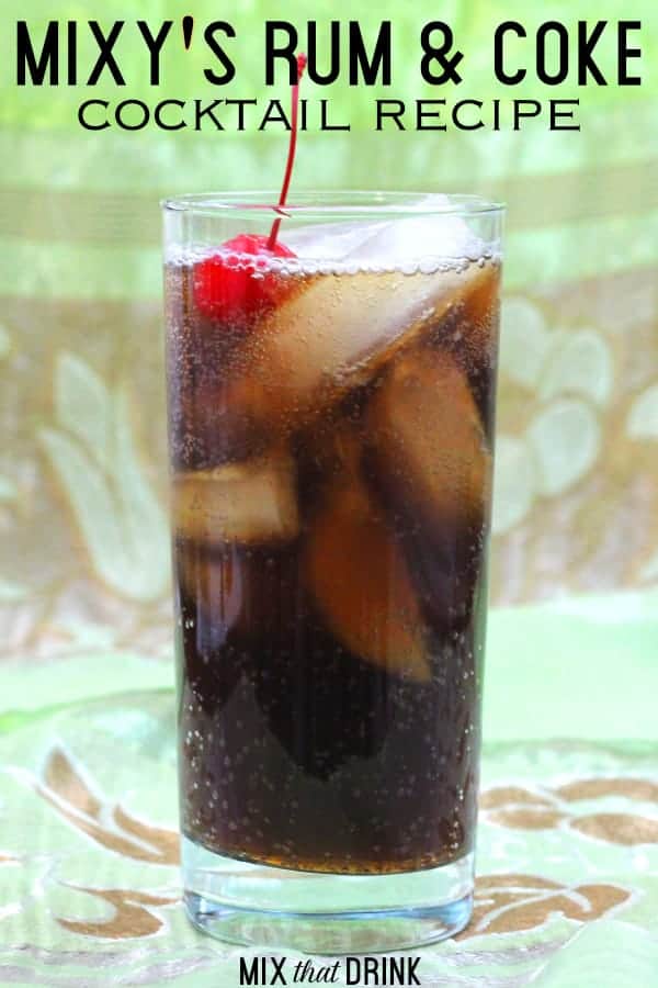 Mixy's Rum and Coke in tall glass with ice and cherry