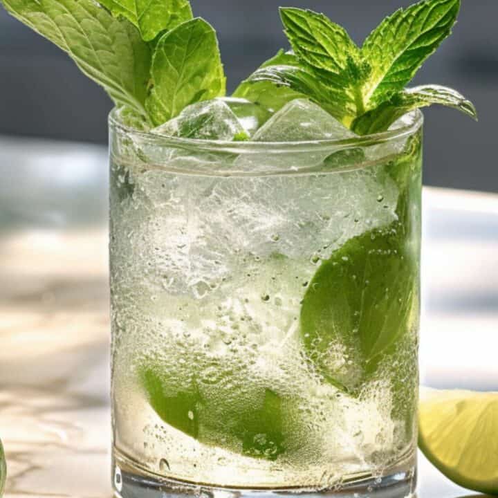 Mojito drink with lime and mint garnish