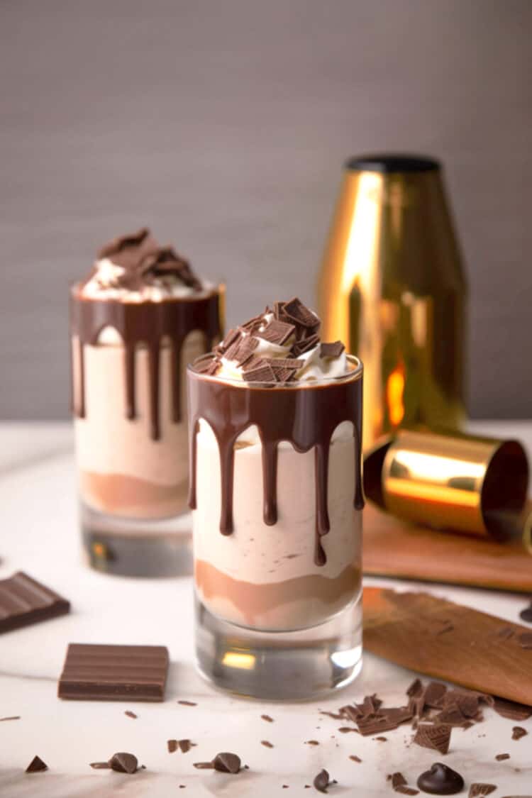 Two Mudslide cocktails in tall glasses with chocolate syrup and whipped cream