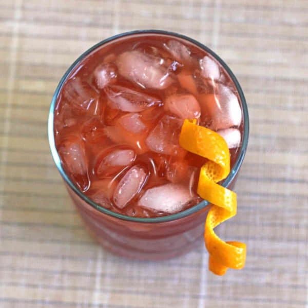 Overhead view of New York Cocktail with orange twist