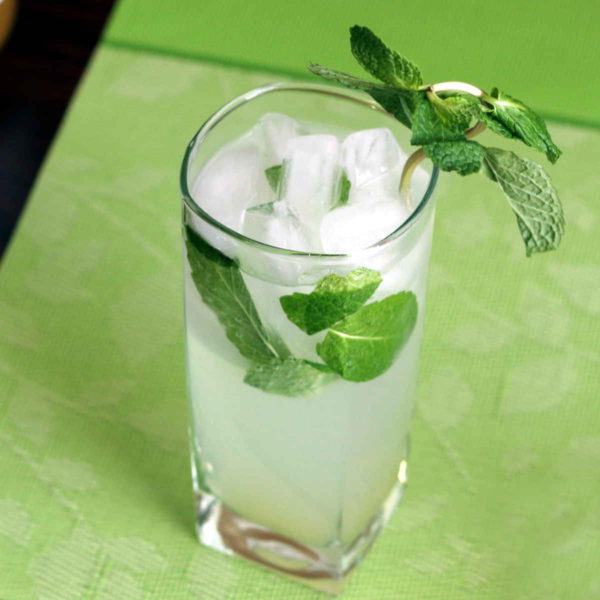 Overhead view of Nojito Mocktail with mint garnish on green placemat