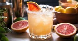 Paloma cocktail on table with grapefruit slice and salt rim