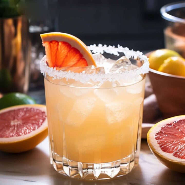 Paloma cocktail on table with grapefruit slice and salt rim