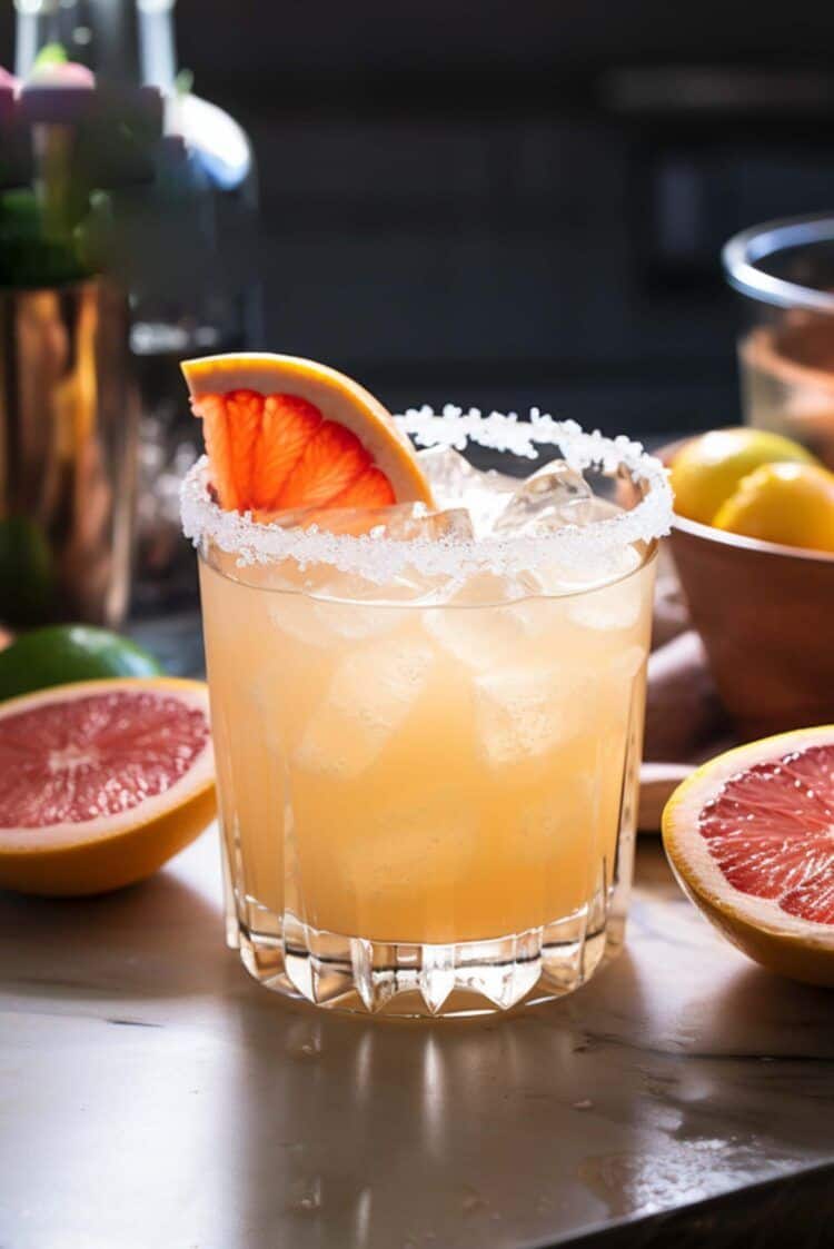 Paloma cocktail on table with grapefruit slice and salt rim