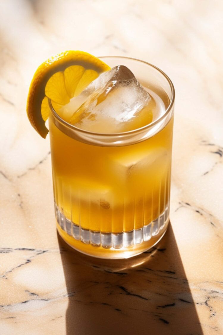 Penicillin cocktail with lemon twist on table