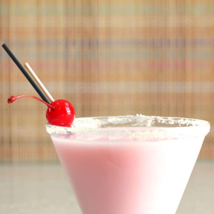 Pink Diamond drink with cherry and sugar rim