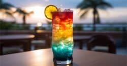 Rainbow Paradise cocktail on table in front of beach background